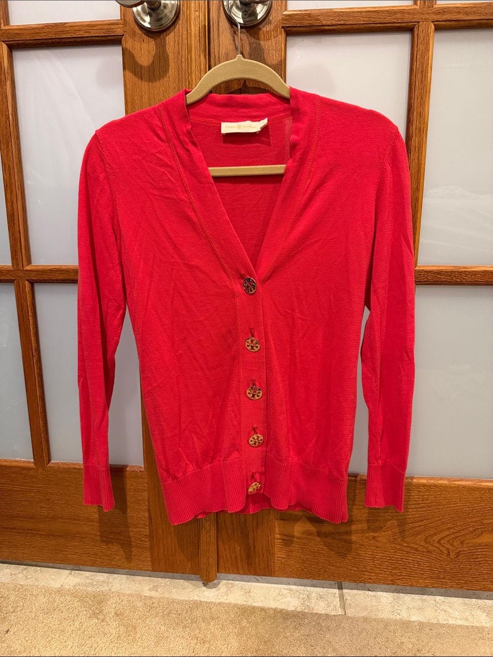 Tory Burch Bright Red V-Neck Button Cardigan